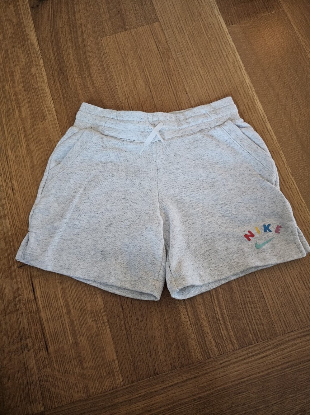 Nike Women’s Light Gray Terry Athletic Shorts with Multicolor Logo